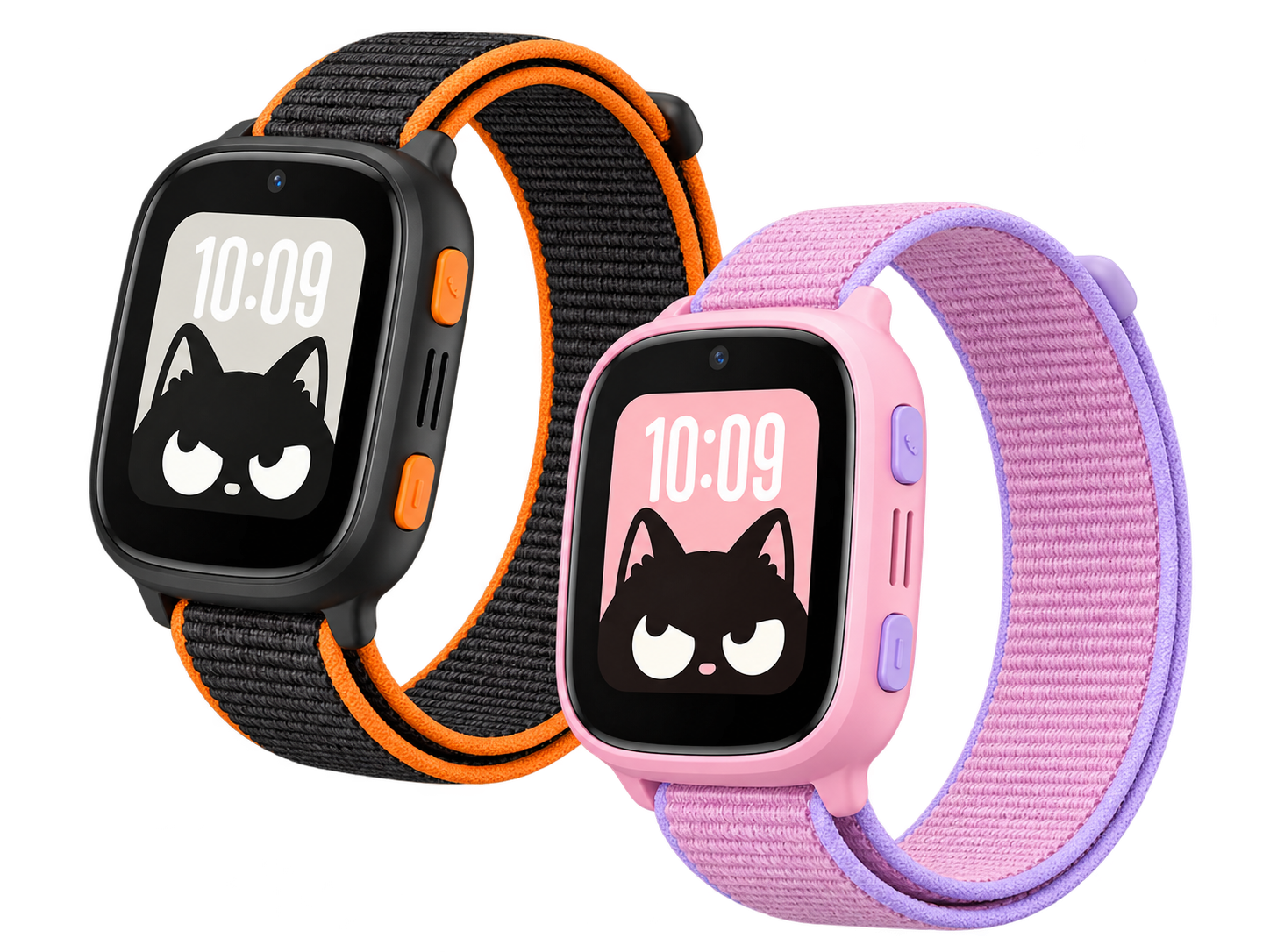검은 고양이 워치페이스가 적용된 다크 그레이·오렌지와 핑크·라일락 BERRY WATCH 제품 콘셉트